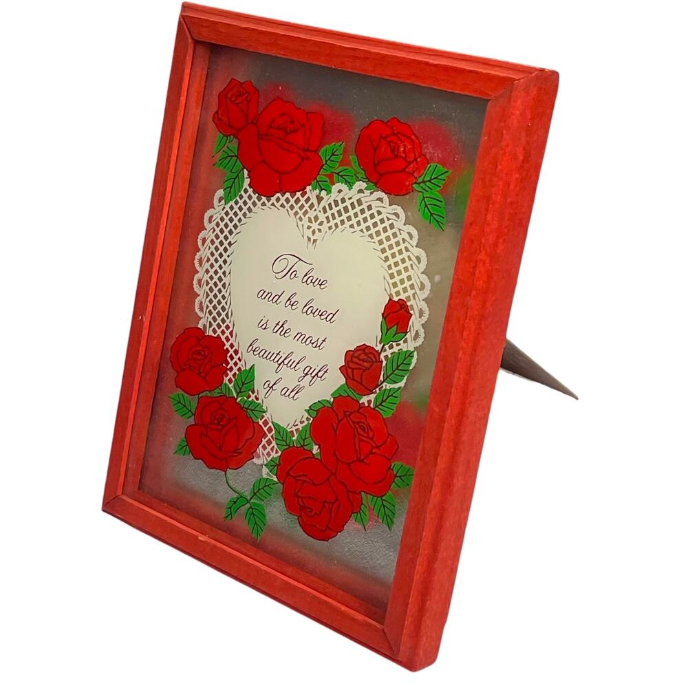 Vintage American Greetings Glass Rose Plaque | Love Quote Wood Frame Decor